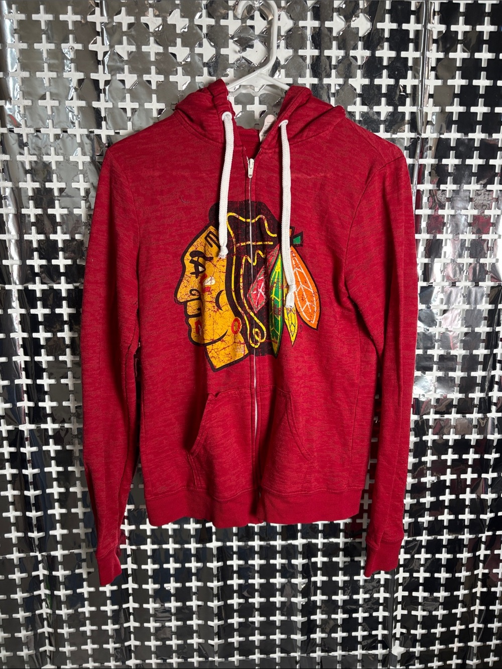 Red Full‑Zip Graphic Hoodie with Drawstring Hood